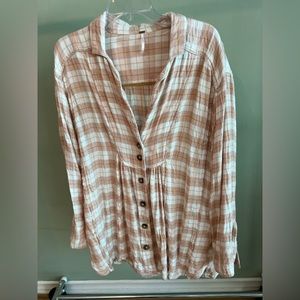 Free People Peach Pink Plaid Wool Flannel Shirt Dress / Tunic Top L Large